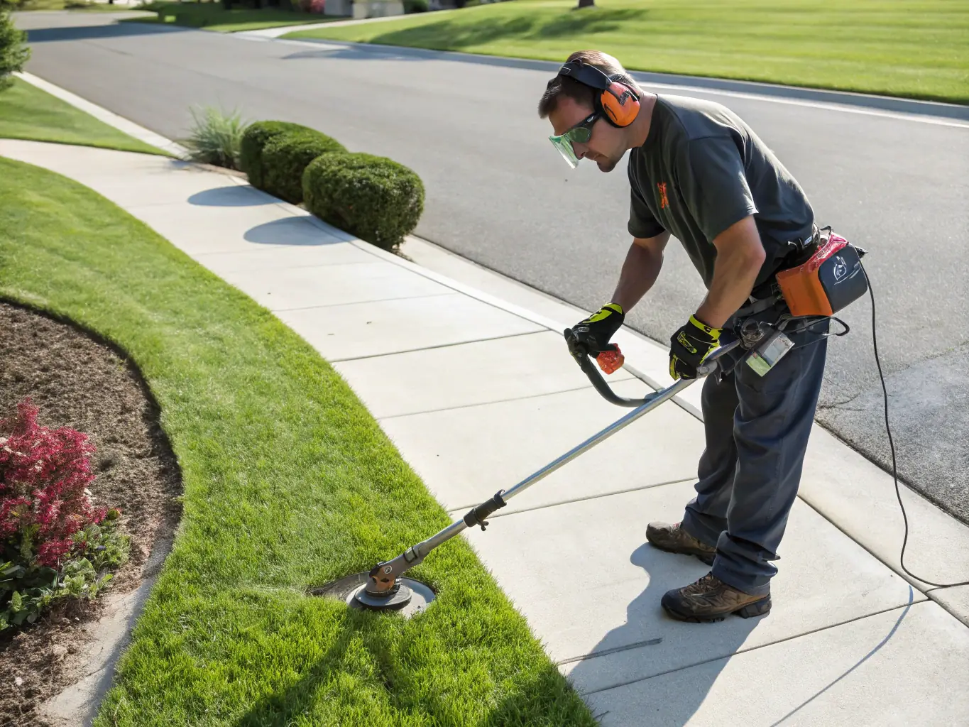 Close-up of a landscaper edging a lawn with a string trimmer, with a vibrant green lawn in the background, illustrating Precision Lawn & Garden Care LLC's edging and fertilizing services.