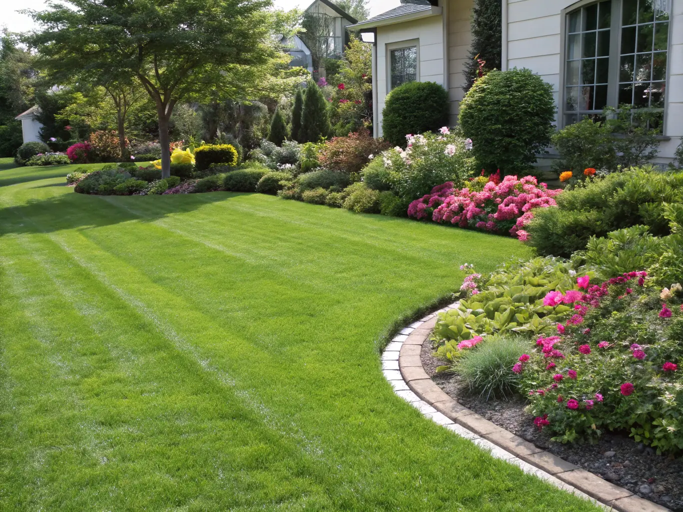 A commercial property with a manicured lawn, edged and fertilized, with a business sign in the background, representing Precision Lawn & Garden Care LLC's commercial lawn care services.