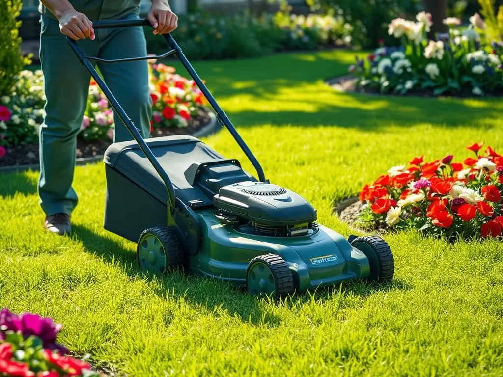 A professional landscaper mowing a lush green lawn with a well-maintained garden in the background, showcasing Precision Lawn & Garden Care LLC's lawn mowing and trimming service.